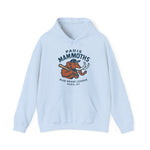 Light blue hoodie with Paris Mammoths vintage baseball team logo and text in navy blue and orange design