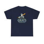 Navy heavyweight Shelbyville Grays T-shirt featuring vintage Blue Grass League baseball player graphic.