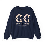 Navy crewneck sweatshirt with vintage Clay City Nine baseball team logo and text on front in cream color.