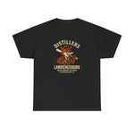 Black heavyweight t-shirt featuring vintage Lawrenceburg Distillers baseball team logo from Blue Grass League.