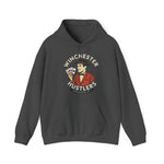 Dark gray Winchester Hustlers vintage baseball team hoodie with kangaroo pocket and drawstring hood