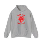 Gray hoodie with red Clay City Red Devils vintage baseball team logo on front and drawstring hood