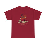Red heavyweight t-shirt featuring vintage Olive Hill Brickies baseball team logo with cartoon brick holding a bat