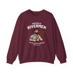 Maroon crewneck sweatshirt with vintage Maysville Rivermen baseball team logo from Blue Grass League Kentucky