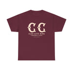 Burgundy heavyweight vintage baseball t-shirt featuring Clay City Nine logo with double CC lettering design
