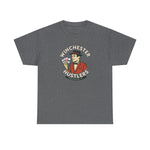 Dark gray heavyweight t-shirt with vintage Winchester Hustlers logo featuring a man holding playing cards.