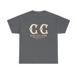 Gray heavyweight t-shirt with vintage Clay City Nine baseball club logo and stylized double C letters on front.