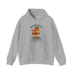 Gray Marshall Tigers hoodie with vintage baseball team logo and cartoon tiger holding a bat on front