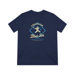 Navy Covington Blue Sox tri-blend t-shirt with vintage baseball player graphic and text in cream and light blue colors