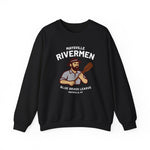 Black crewneck sweatshirt with vintage Maysville Rivermen baseball team graphic and text design