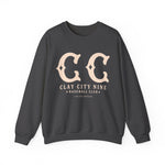 Gray crewneck sweatshirt featuring vintage Clay City Nine baseball club logo in beige lettering
