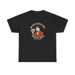 Black heavyweight t-shirt featuring a vintage Winchester Hustlers baseball team logo with a man holding playing cards.
