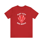 Red Clay City Red Devils T-shirt featuring vintage baseball team logo from Kentucky Central Baseball league.
