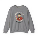 Gray crewneck sweatshirt featuring a vintage Winchester Hustlers logo with a man holding playing cards design