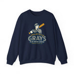 Navy Shelbyville Grays crewneck sweatshirt with vintage Blue Grass League baseball player graphic design.