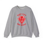 Gray crewneck sweatshirt with vintage red Clay City Red Devils baseball team logo on front