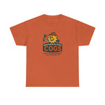 Orange heavyweight cotton t-shirt featuring vintage Nacogdoches Cogs minor league baseball team logo design.