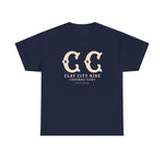 Navy heavyweight t-shirt with vintage Clay City Nine baseball team logo and text in cream color on front