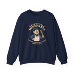 Navy crewneck sweatshirt with vintage Owingsville Merchants baseball team logo and retro cartoon character design