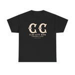 Black heavyweight t-shirt with vintage Clay City Nine baseball team "CC" logo and text on front.