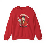Red Winchester Hustlers crewneck sweatshirt featuring vintage baseball team logo with player holding cards design