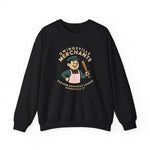 Black crewneck sweatshirt with vintage Owingsville Merchants baseball team logo and retro cartoon player design