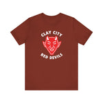 Clay City Red Devils vintage baseball team logo on a premium lightweight red t-shirt
