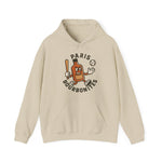 Beige Paris Bourbonites hoodie featuring a vintage bourbon bottle baseball character swinging a bat with retro text.