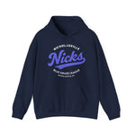Navy blue hoodie with vintage Nicholasville Nicks Blue Grass League baseball team logo on front pouch pocket style