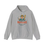 Gray hoodie featuring a vintage Lexington Parkette Hustlers baseball team logo with a cartoon player holding cards and bat