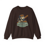 Brown Richmond Pioneers crewneck sweatshirt with vintage baseball player logo and team name from Blue Grass League