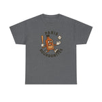 Gray Paris Bourbonites vintage baseball team t-shirt with cartoon bourbon bottle holding a bat and baseball.