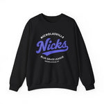 Black crewneck sweatshirt with vintage Nicholasville Nicks Blue Grass League baseball team logo in purple and white.