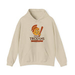 Beige hoodie featuring vintage Tyler Trojans baseball team logo from East Texas League with a smiling Trojan mascot holding a bat.