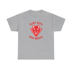 Gray heavyweight t-shirt featuring vintage red Clay City Red Devils baseball team logo and text.