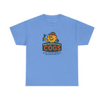 Light blue vintage Nacogdoches Cogs T-shirt with retro cartoon cog holding a wrench logo design.