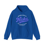 Blue Nicholasville Nicks hoodie with vintage baseball team logo and kangaroo pocket, cotton blend, classic fit design.