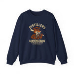 Navy crewneck sweatshirt featuring vintage Lawrenceburg Distillers baseball team logo from 1908 Kentucky Blue Grass League.