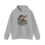 Gray Richmond Pioneers vintage baseball hoodie featuring a retro player graphic and kangaroo pouch pocket