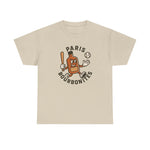 Beige heavyweight t-shirt with vintage Paris Bourbonites baseball team logo featuring a cartoon bourbon bottle holding a bat.