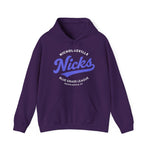 Purple Nicholasville Nicks hoodie with vintage baseball team logo and Blue Grass League text on front