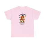 Pink heavyweight cotton T-shirt with vintage Marshall Tigers baseball logo and East Texas League text.