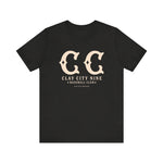 Black Clay City Nine baseball t-shirt with vintage cream double CC logo and text on front.