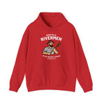 Red Maysville Rivermen hoodie with vintage baseball player graphic and Blue Grass League text from Kentucky team design
