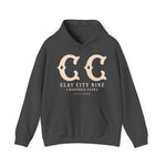 Dark gray hoodie with vintage Clay City Nine baseball team logo and text on the front, kangaroo pocket and drawstring hood