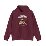 Maroon Maysville Rivermen hoodie featuring vintage Blue Grass League baseball team logo and riverboat player graphic.