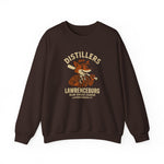 Brown crewneck sweatshirt featuring vintage Lawrenceburg Distillers baseball team logo from Blue Grass League.