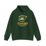 Green hoodie featuring vintage Greenville Staplers baseball team logo with stapler holding a bat from East Texas League
