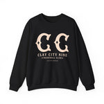 Black crewneck sweatshirt featuring vintage Clay City Nine baseball team logo and text in beige lettering