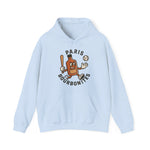 Light blue hoodie featuring a vintage Paris Bourbonites baseball team logo with a bourbon bottle character holding a bat.